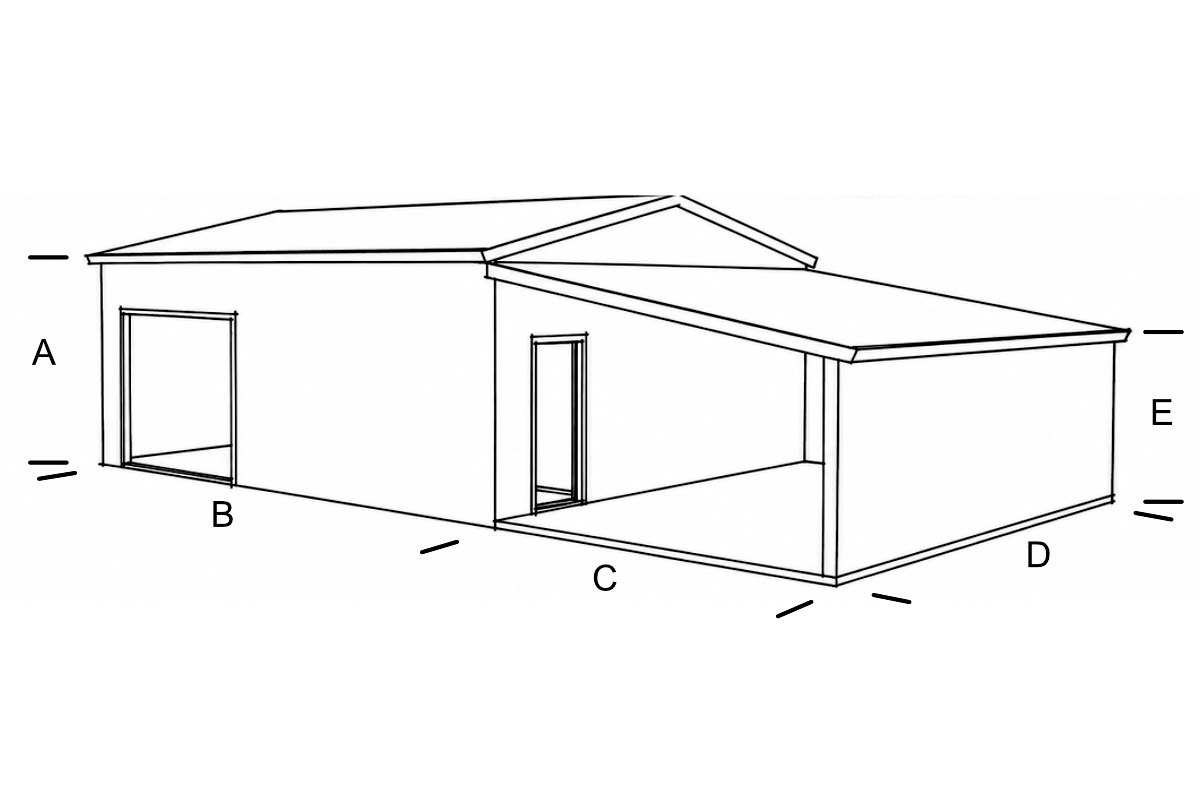 Architectural sketch of a gable shed with end lean-to