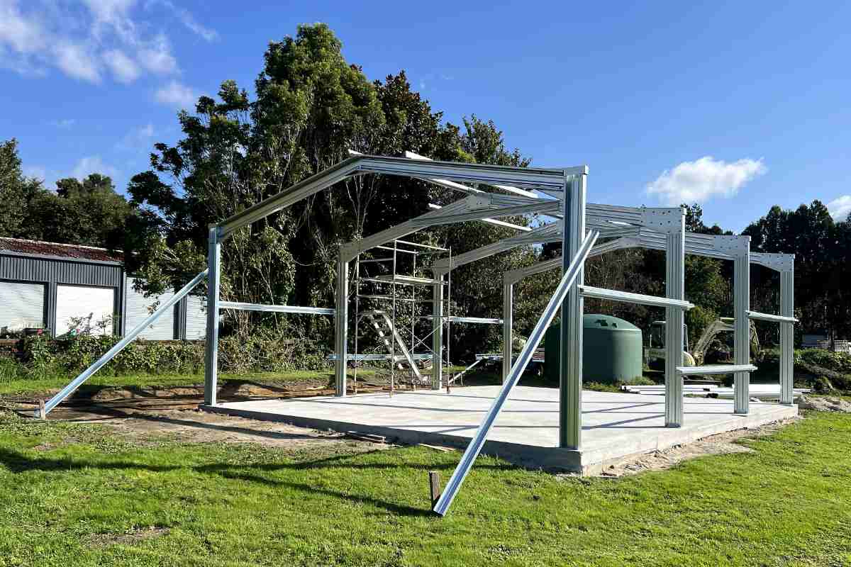Steel shed frame under construction in New Zealand used on the shed FAQ page