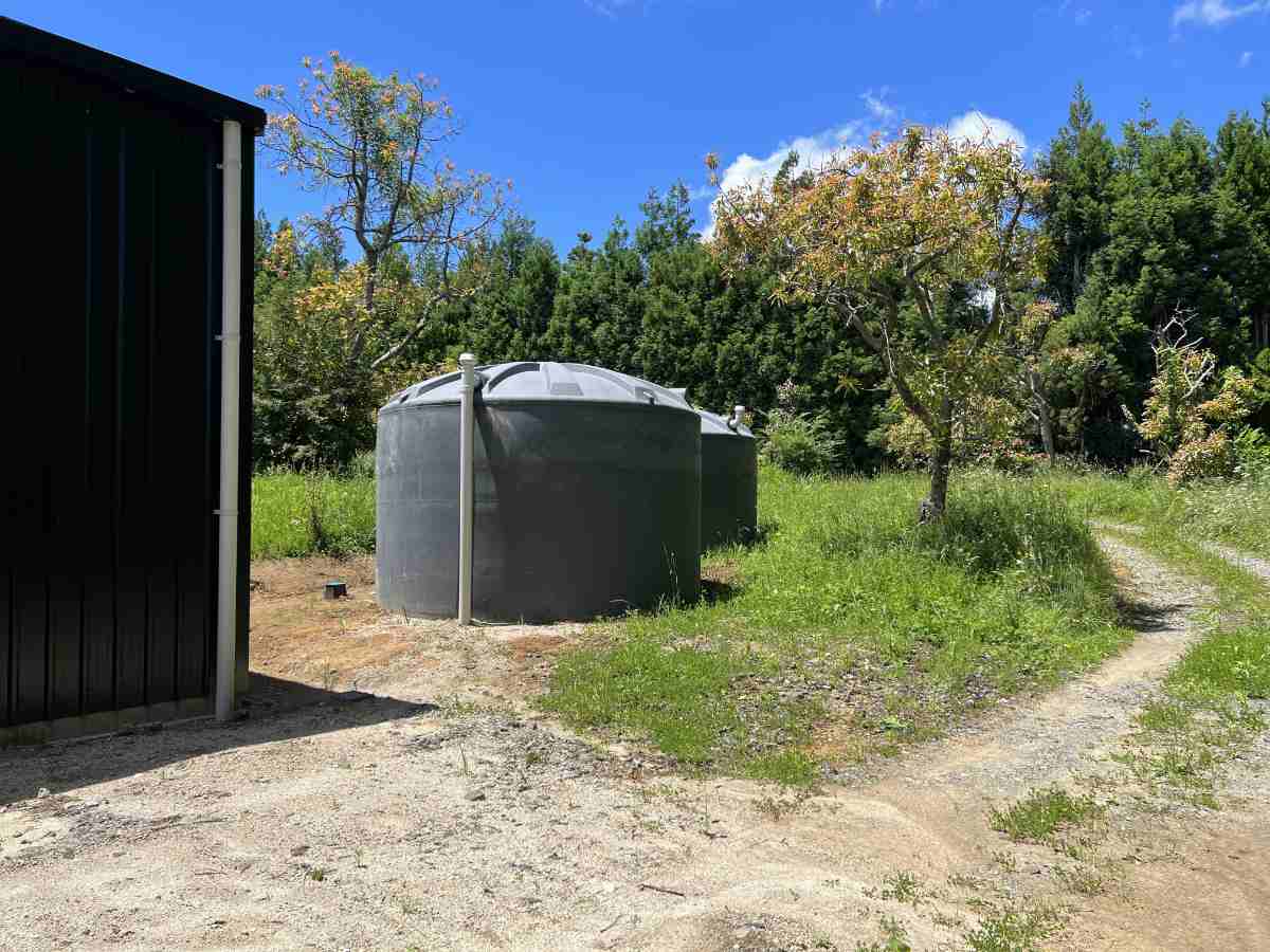 shed rainwater tanks and downpipe New Zealand shed with rainwater tanks and roof water collection