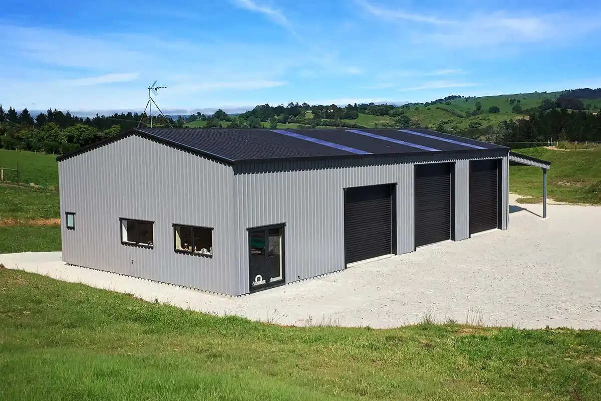 NZ made steel workshop farm shed in a rural setting